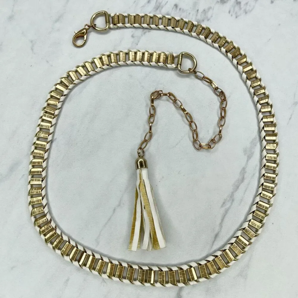 Gold White Faux Leather Woven Chain Link Belt - Size M/L - 32